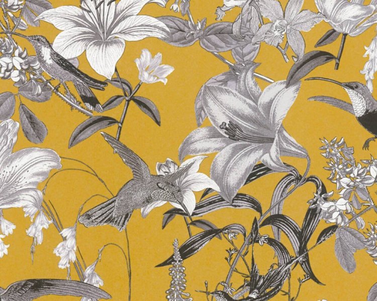 Vliesová tapeta žlutá, šedá, bílá, květy, ptáci, příroda 377013 / Tapety na zeď 37701-3 Jungle Chic (0,53 x 10,05 m) A.S.Création