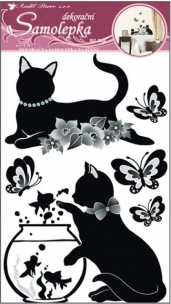 Samolepicí dekorace 10063 Černé kočky s akváriem / Samolepka na zeď Room Decor (60 x 32 cm)