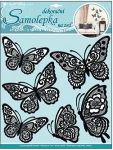 Samolepicí dekorace na zeď 10045 Motýli s černými krajkovými křídly / Samolepka na zeď Room Decor (70 x 42 cm)