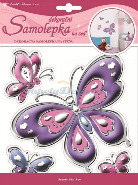Samolepicí dekorace plastická na zeď (49x29cm) Room Decor motýli se stříbrnou konturou a kamínky 1392