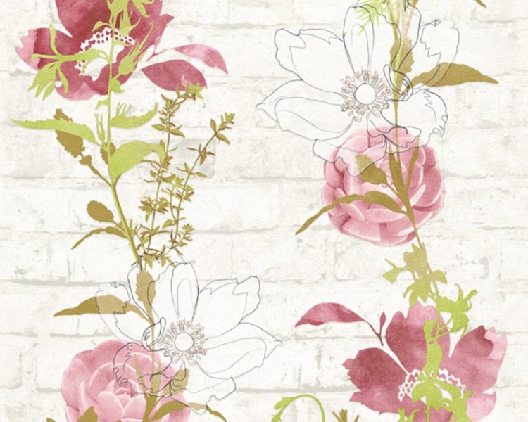 Papírová tapeta imitace cihly, červené květy 32800-4 / Tapety na zeď 328004 Urban Flowers (0,53 x 10,05 m) A.S.Création