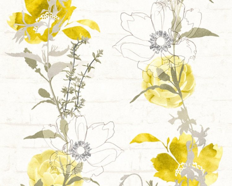 Papírová tapeta imitace cihly, žluté květy 32800-2 / Tapety na zeď 328002 Urban Flowers (0,53 x 10,05 m) A.S.Création