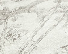 Grafická tapeta - palmy a zvířecí motiv v béžové a šedé barvě, motiv tropické džungle na plátně, jemně strukturovaný povrch tapety připomíná malířské plátno - vliesová tapeta na zeď od A.S.Création