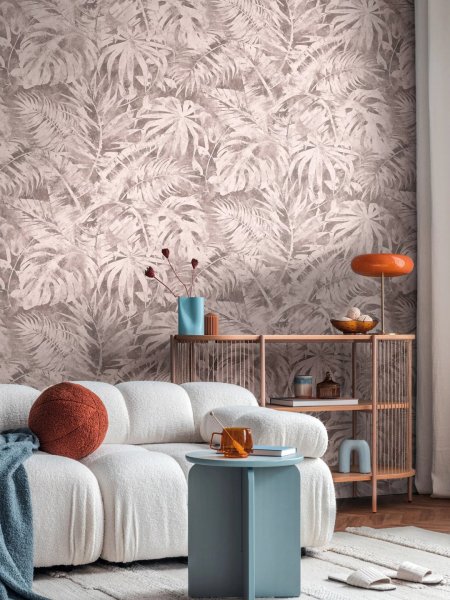 Tapetový stěnový panel s motivem palmových listů v jemné růžové barvě, 791457 / Cosmo Living vliesová tapeta 79145-7 (role 0,53 x 8,80 m) A.S.Création