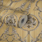 Neobarokní tapeta s ornamenty a zlatými pruhy, metalická, hladká, lesklá. Originální vliesová zámecká tapeta z kolekce Hermitage 10 výrobce A.S. Création