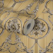 Neobarokní tapeta s ornamenty a zlatými pruhy, metalická, hladká, lesklá. Originální vliesová zámecká tapeta z kolekce Hermitage 10 výrobce A.S. Création