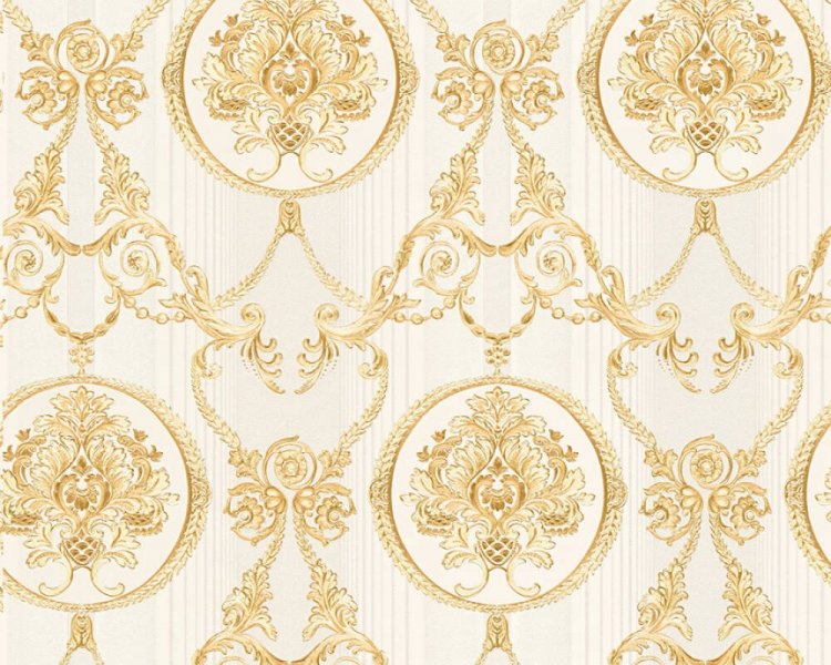 Vliesová neobarokní tapeta se zlatými ornamenty a krémovými pruhy - metalická 330834 / Tapety na zeď 33083-4 Hermitage 10 (0,53 x 10,05 m)  A.S.Création