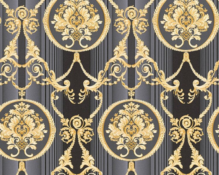 Vliesová neobarokní tapeta, zlaté ornamenty, šedé, černé pruhy - metalická 330836 / Tapety na zeď 33083-6 Hermitage 10 (0,53 x 10,05 m)  A.S.Création