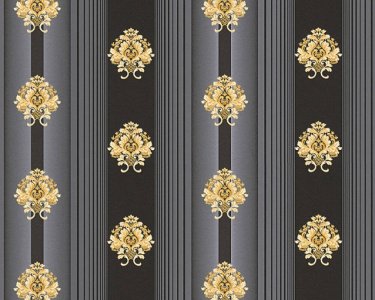 Vliesová zámecká tapeta zlaté barokní ornamenty, šedé a černé pruhy - metalická 330846 / Tapety na zeď 33084-6 Hermitage 10 (0,53 x 10,05 m)  A.S.Création