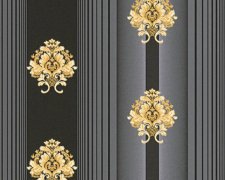 Zámecká, neobarokní tapeta s menšími zlatými ornamenty a šedými a černými pruhy, metalická, hladká, lesklá. Originální vliesová zámecká tapeta z kolekce Hermitage 10 výrobce A.S. Création
