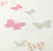 Stylová vliesová dětská tapeta růžoví a šedí motýli na bílém podkladu. Krásná vliesová tapeta do dětského pokoje od A.S.Création
