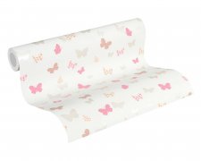 Stylová vliesová dětská tapeta růžoví a šedí motýli na bílém podkladu. Krásná vliesová tapeta do dětského pokoje od A.S.Création