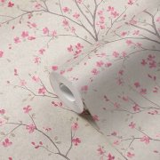 Třešńové květy, květoucí sakura na tapetě v růžové, hnědé a bílé barvě - vliesová reliéfní tapeta v asijském stylu od A.S.Création