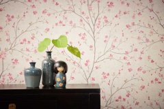 Třešńové květy, květoucí sakura na tapetě v růžové, hnědé a bílé barvě - vliesová reliéfní tapeta v asijském stylu od A.S.Création