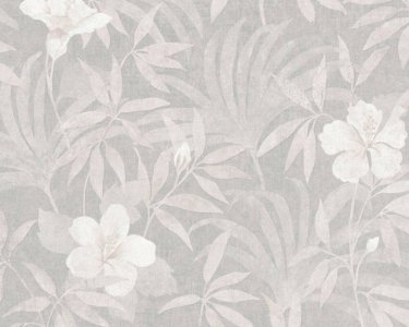 Vliesová tapeta listy a květy ibišku, džungle na plátně, béžová, šedá 380284 / Tapety na zeď 38028-4 Cuba (0,53 x 10,05 m) A.S.Création