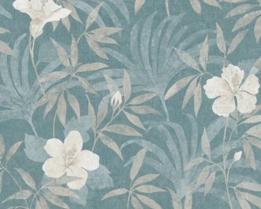 Vliesová tapeta květy a listy ibišku, džungle na plátně, béžová, modrá, zelená 380285 / Tapety na zeď 38028-5 Cuba (0,53 x 10,05 m) A.S.Création