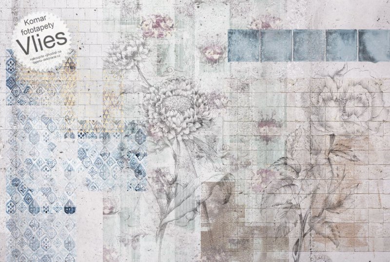 Vliesová fototapeta retro koláž květiny a dlaždice XXL4-068 Patches / obrazové tapety a fototapety na zeď Komar (368 x 248 cm)