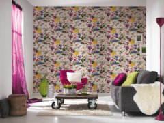 Barevné květy, květiny a rostliny na růžovém podkladu - vliesová tapeta do bytu modrá, žlutá, zelená, růžová, červená z kolekce Trendwall