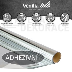 Statická protisluneční fólie na okna stříbrná zrcadlový efekt, rozměr 90 cm x 2 m / adhezivní fólie na sklo 53439 Static Silver Mirror Venilia