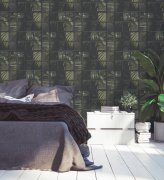 Moderní vliesová tapeta okno a palmové listy, barvy šedá, zelená, černá - tapeta palmové květy v okně 377403 z kolekce Industrial