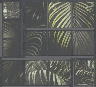 Moderní vliesová tapeta okno, palmové listy,  barva šedá, zelená, černá 377403 / Tapety na zeď 37740-3 Industrial (0,53 x 10,05 m) A.S.Création