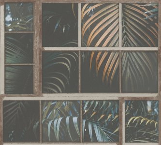 Moderní vliesová tapeta okno, palmové listy,  barva hnědá, petrolejová, černá, oranžová 377401 / Tapety na zeď 37740-1 Industrial (0,53 x 10,05 m) A.S.Création