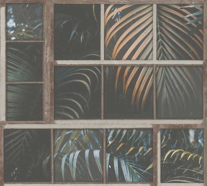 Moderní vliesová tapeta okno, palmové listy,  barva hnědá, petrolejová, černá, oranžová 377401 / Tapety na zeď 37740-1 Industrial (0,53 x 10,05 m) A.S.Création