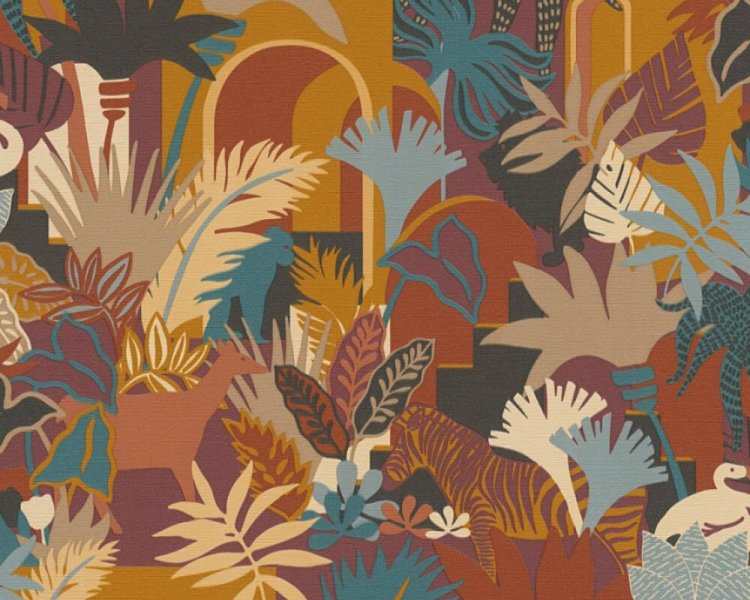 Vliesová tapeta džungle, listy - barevná, oranžová, modrá 390961 / Tapety na zeď 39096-1 Antigua (0,53 x 10,05 m) A.S.Création