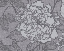 Stylová vliesová tapeta na zeď květinový vzor, obrysy květin a listů jsou tmavě šedé, podklad střední a světlý odstín šedé imitace textilu, přírodní styl. Exkluzivní, vysoce kvalitní a odolná vliesová tapeta z kolekce Stylish značky Dekens