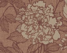 Stylová vliesová tapeta na zeď květinový vzor, obrysy květin a listů jsou oranžovo-hnědé, podklad světlé a temné odstíny terakota imitace textilu, přírodní styl. Exkluzivní, vysoce kvalitní a odolná vliesová tapeta z kolekce Stylish značky Dekens