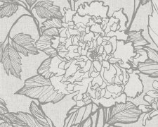 Stylová vliesová tapeta na zeď květinový vzor, obrysy květin a listů jsou šedé, podklad světlé odstíny šedé imitace textilu, přírodní styl. Exkluzivní, vysoce kvalitní a odolná vliesová tapeta z kolekce Stylish značky Dekens