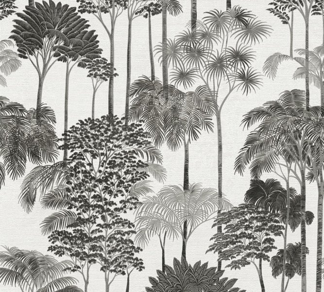 Vliesová tapeta palmy, stromy, černá, šedá, bílá (0,53 x 10,05 m) 791625 / Tapety na zeď 79162-5 Cuba 2 A.S.Création