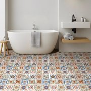 Samolepicí vinylové dlaždice na podlahu i stěnu – Vintage Mix (balení 0,36 m² - 4 ks - 30x30 cm) s ornamentálním vzorem v teplých pestrých barvách - HCS deco
