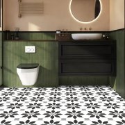 Samolepicí vinylové dlaždice na podlahu i stěnu – geometrické hvězdy (balení 0,36 m² - 4 ks - 30x30 cm) - nadčasový ornamentální vzor v černo-bílo-šedé kombinaci - HCS deco