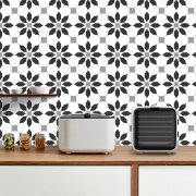 Samolepicí vinylové dlaždice na podlahu i stěnu – geometrické hvězdy (balení 0,36 m² - 4 ks - 30x30 cm) - nadčasový ornamentální vzor v černo-bílo-šedé kombinaci - HCS deco