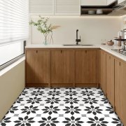 Samolepicí vinylové dlaždice na podlahu i stěnu – geometrické hvězdy (balení 0,36 m² - 4 ks - 30x30 cm) - nadčasový ornamentální vzor v černo-bílo-šedé kombinaci - HCS deco