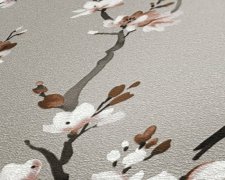 Vliesová tapeta akvarel, plátno - větve s růžovobílými květy sakury na šedém podkladu. Kolekce Desert Lodge od německého výrobce tapet A.S.Création