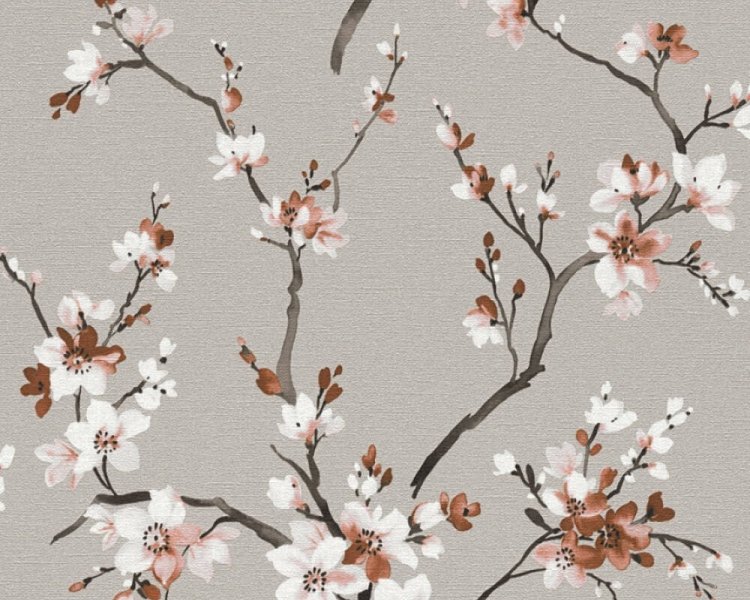 Vliesová tapeta Akvarel, větve s květy sakury na šedém podkladu 385204 / Tapety na zeď 38520-4 Desert Lodge (0,53 x 10,05 m) A.S.Création