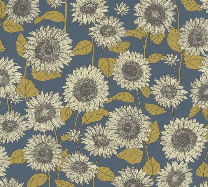 Vliesová květinová tapeta modrá, žlutá, Slunečnice 376853 / Tapety na zeď 37685-3 New Life (0,53 x 10,05 m) A.S.Création