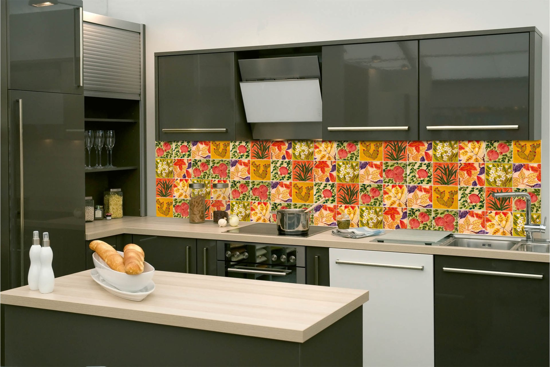Samolepicí fototapeta na kuchyňskou linku Malované kachličky 260 x 60 cm / KI-260-166/ Fototapety do kuchyně Dimex