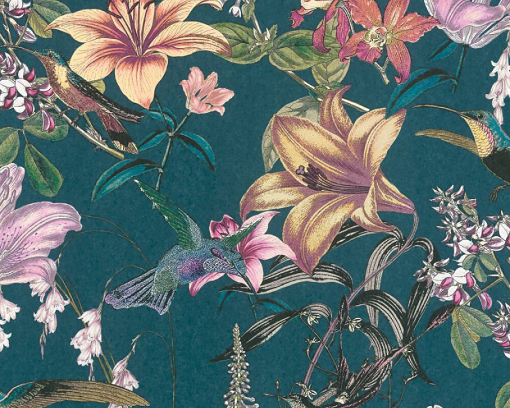 Vliesová tapeta tyrkysová, zelená, modrá, žlutá, květy, ptáci, příroda 377012 / Tapety na zeď 37701-2 Jungle Chic (0,53 x 10,05 m) A.S.Création