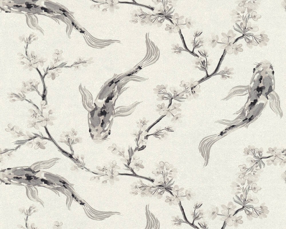 Vliesová tapeta 374622 krémová, béžová, černá, ryby, květy / Tapety na zeď 37462-2 Asian Fusion (0,53 x 10,05 m) A.S.Création