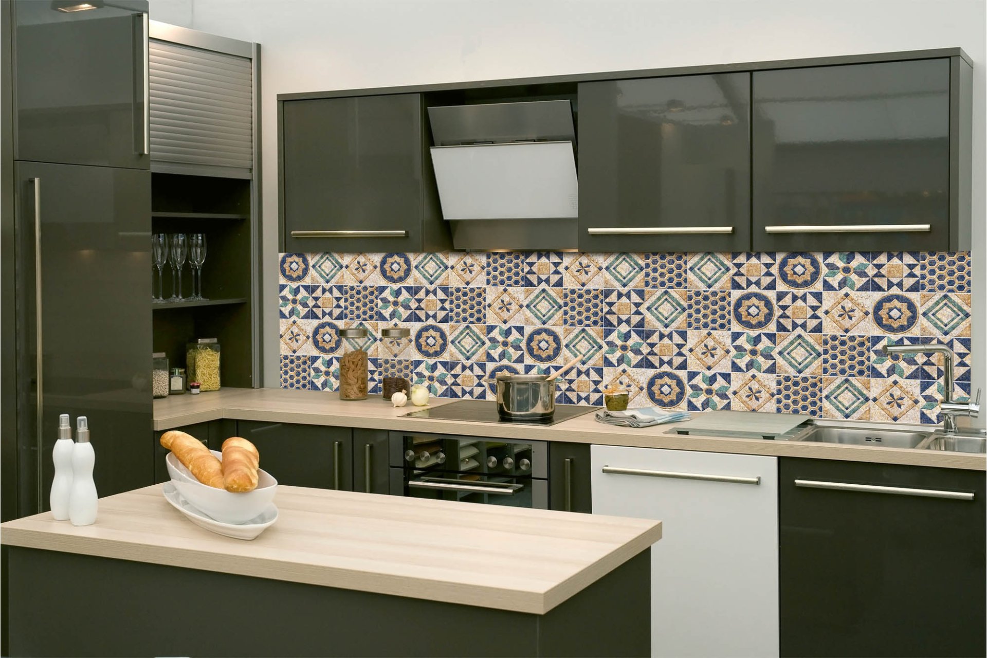 Samolepicí fototapeta na kuchyňskou linku Modré retro kachličky 260 x 60 cm / KI-260-165 / Fototapety do kuchyně Dimex