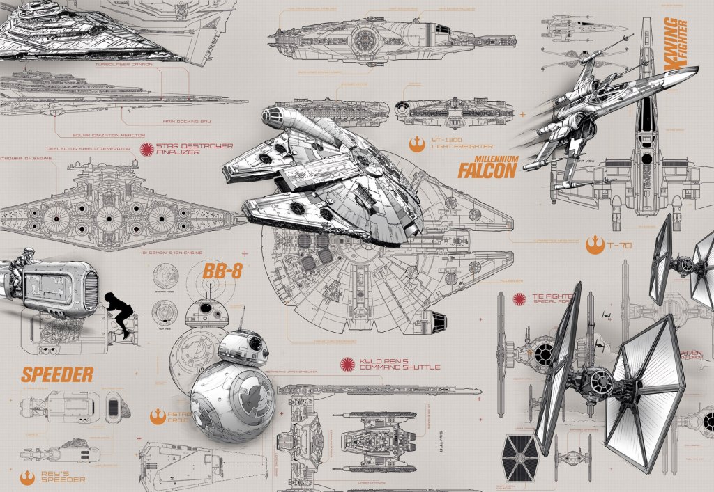 Papírová fototapeta na zeď 8 dílná Hvězdné války plány 8-493 / Fototapety Star Wars Blueprints (368 x 254 cm) Komar