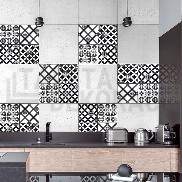 Samolepky na kachličky černo-bílé Azulejos 31222 / Samolepicí dekorace na dlaždice Azulejos Black&White 3ks (20 x 20 cm) Crearreda