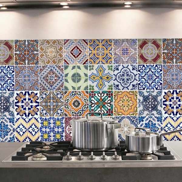Samolepící panel do kuchyně, za sporák Bellacasa barevné kachličky 67202 / Žáruvzdorná samolepka dekorace Azulejos (47 x 65 cm) Crearreda