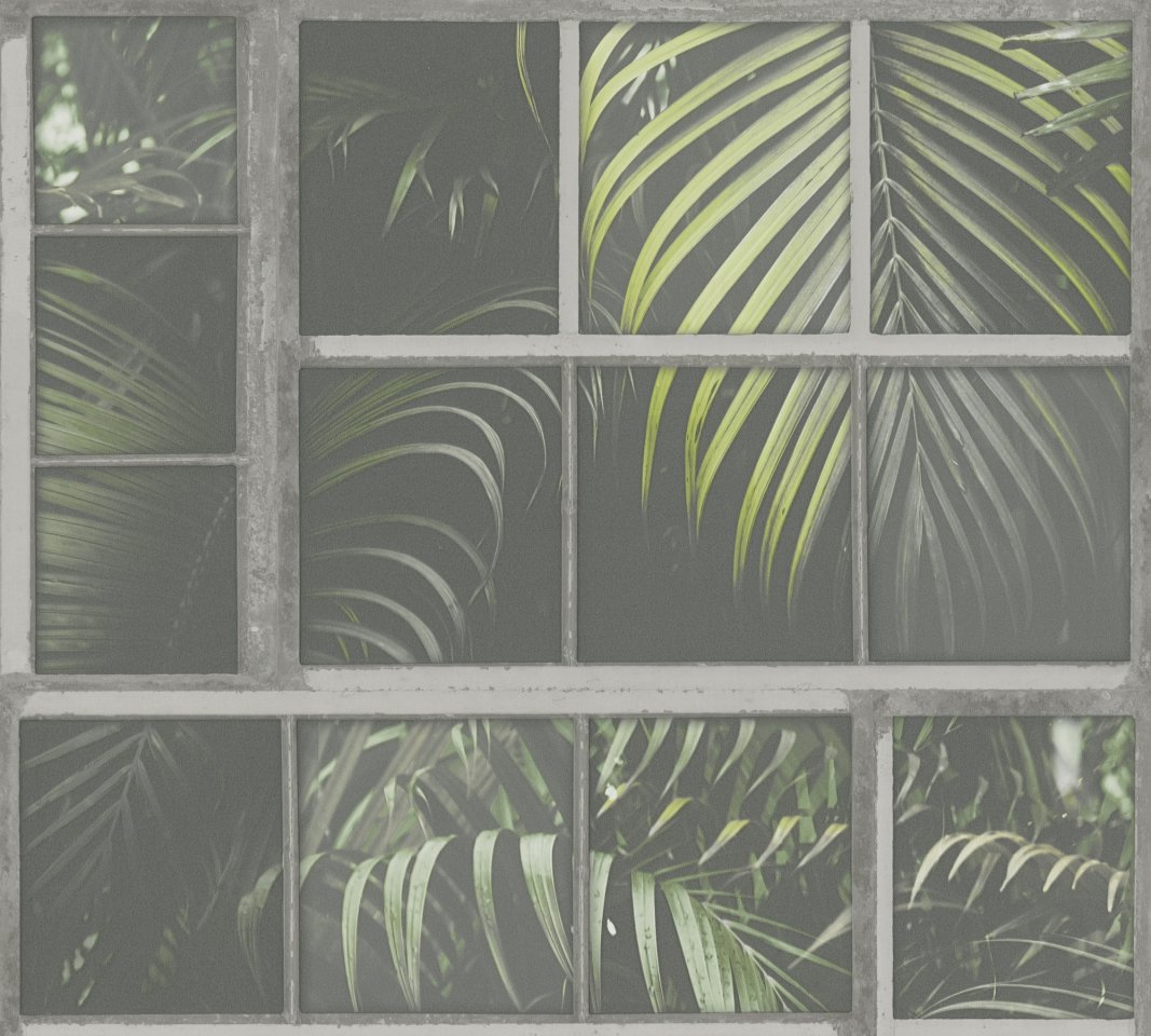 Moderní vliesová tapeta okno, palmové listy, barva zelená, šedá, černá 377402 / Tapety na zeď 37740-2 Industrial (0,53 x 10,05 m) A.S.Création
