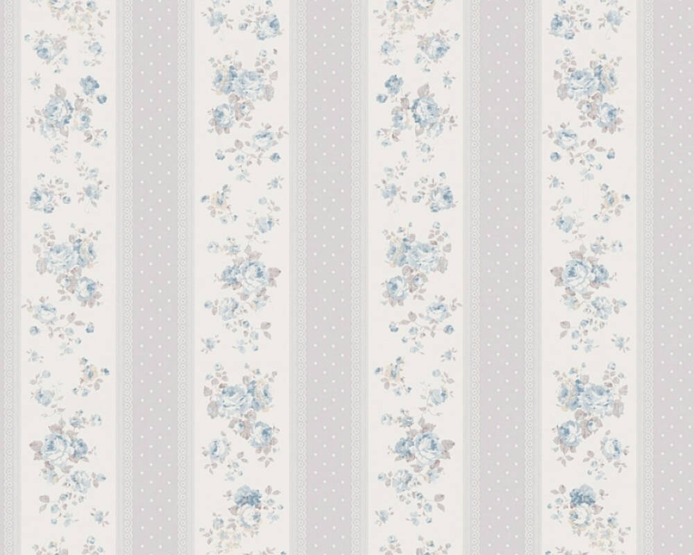 Vliesová tapeta s tečkovanými a květinovými pruhy - šedá, bílá, modrá, 390693 / Tapety na zeď 39069-3 Maison Charme (0,53 x 10,05 m) A.S.Création