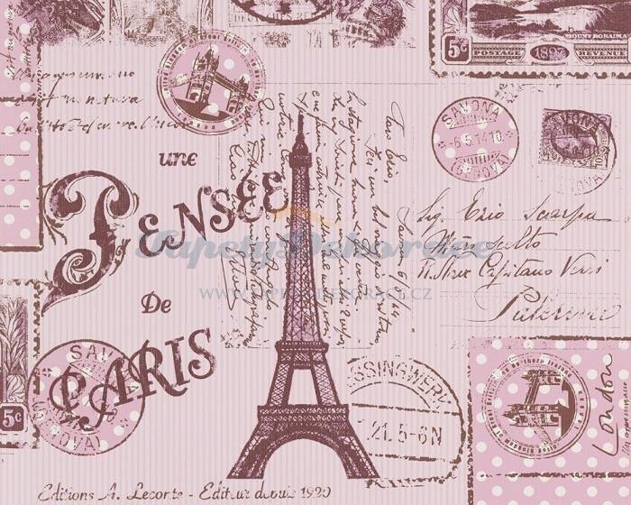 Dětská papírová tapeta 93630-2 hnědo-růžová, Eiffelova věž / Papírové tapety pro děti 936302 Boys and Girls 6 (0,53 x 10,05 m) A.S.Création